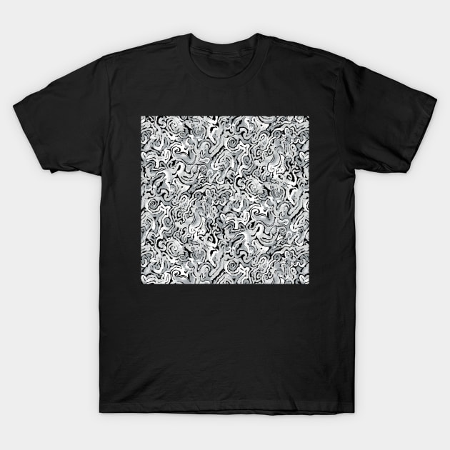 Black and White Seahorse Spirals T-Shirt by Carolina Díaz